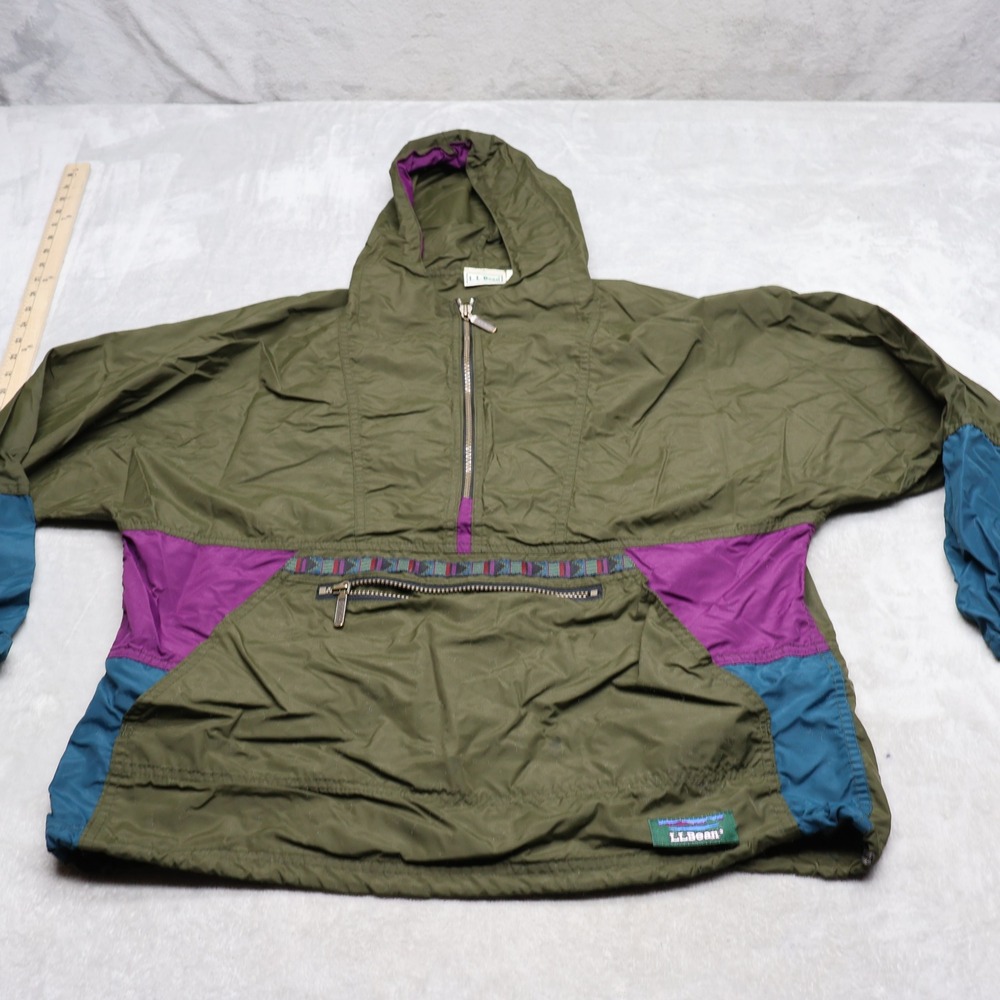 LL Bean Jacket Womens Medium Green Aztec Hooded 1/2 Zip Pullover Anorak USA VTG